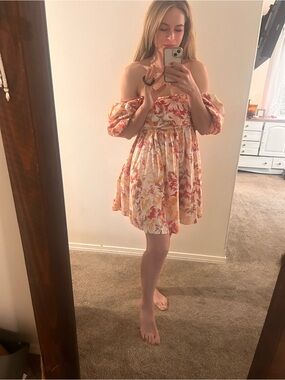 Abercrombie & Fitch Floral Off-Shoulder Mini Dress in Cream, Pink, Orange